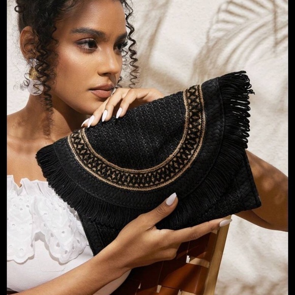 Dual-Color Straw Woven Fringe Clutch Purse - Picture 7 of 12